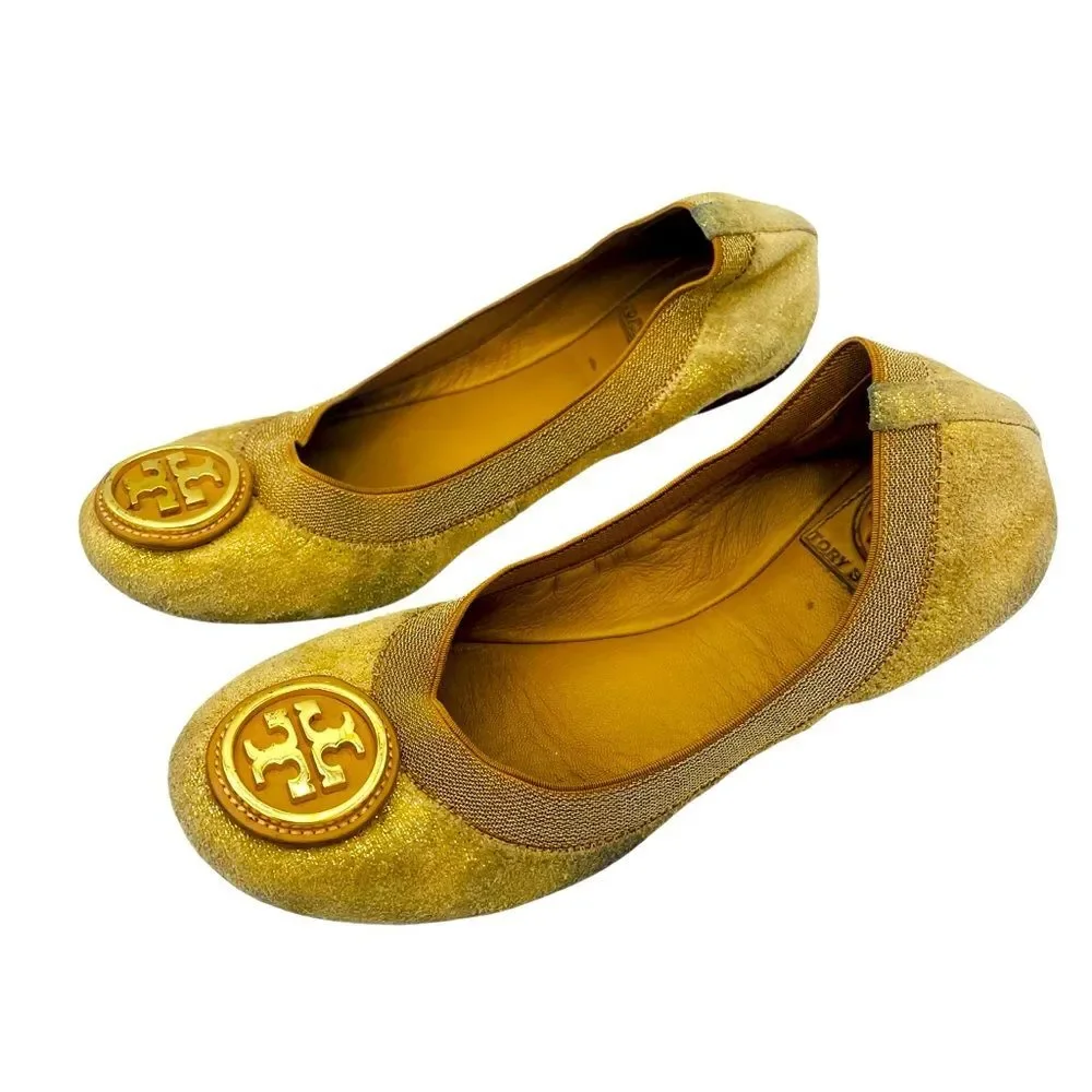 Tory Burch Caroline Sparkling Gold Beige Ballet Flats Sz 6M